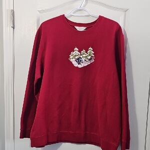 Northern Reflections Red Crewneck Sweater with Embroidered Trees